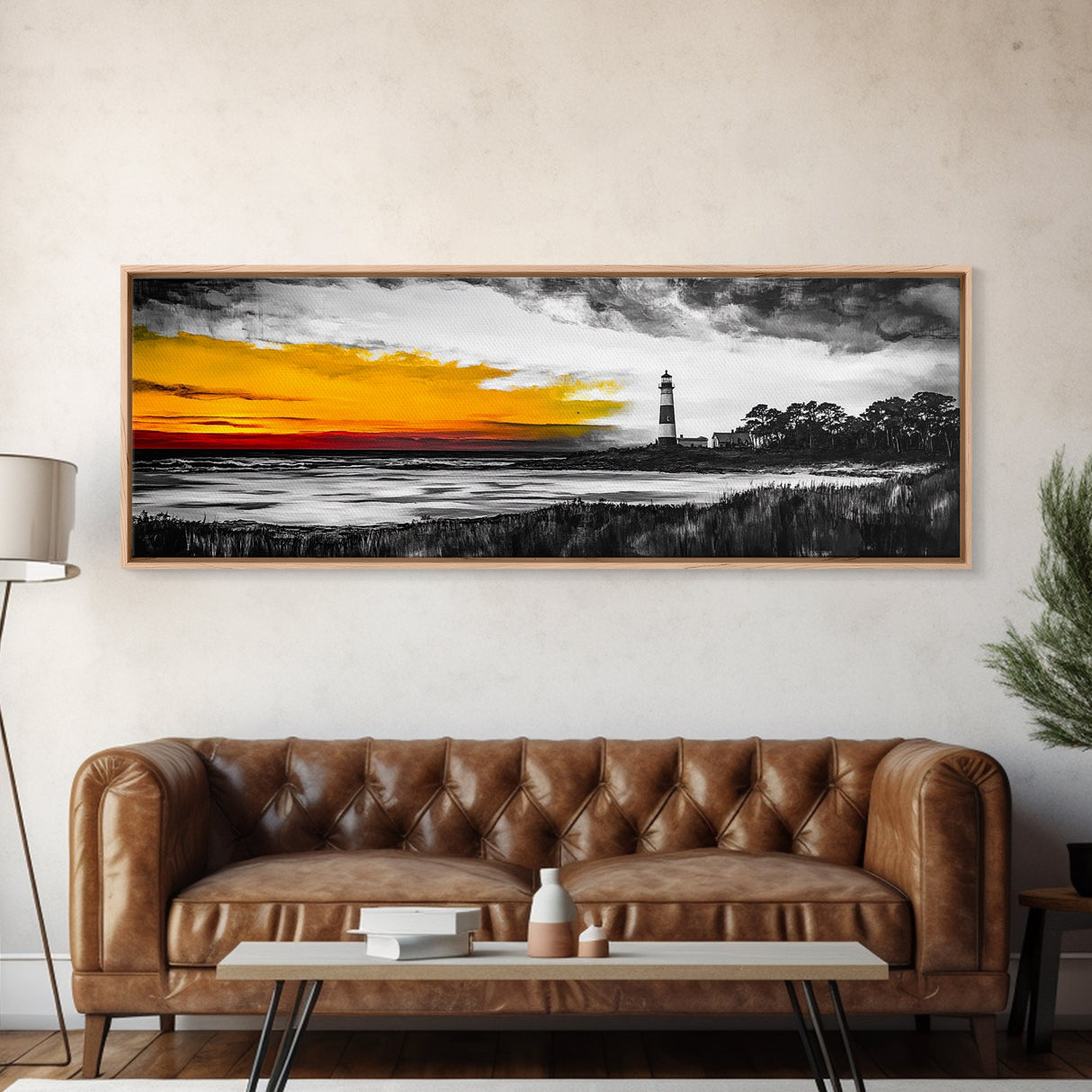 Lighthouse Sunset, Coastal Landscape, Nautical Wall Art, Seascape Print, Framed Canvas Print, Living Room Art, Minimalist Art, Ocean Sunset