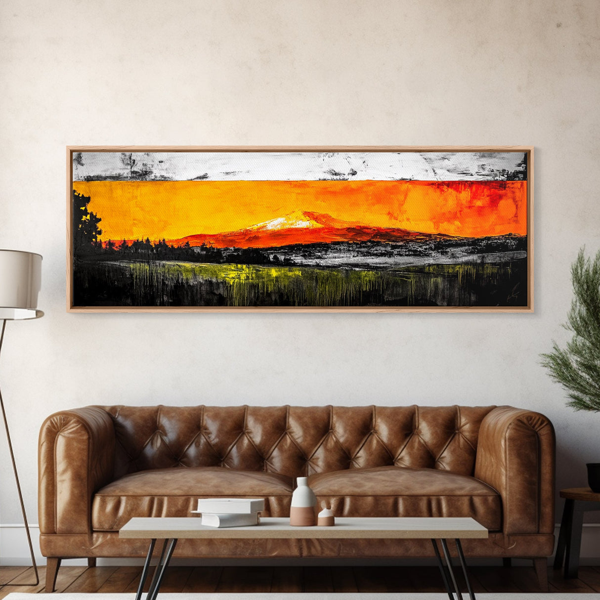 Fiery Peaks, Mountain Sunset, Landscape Painting, Framed Canvas Print, Rustic Home Art, Living Room Decor, Bold Wall Art