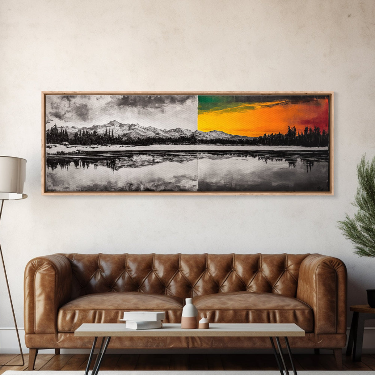 Dual Tone Lake, Black and White Landscape, Orange Sunset, Canvas Print, Modern Wall Art, Nature Home Decor, Living Room Art