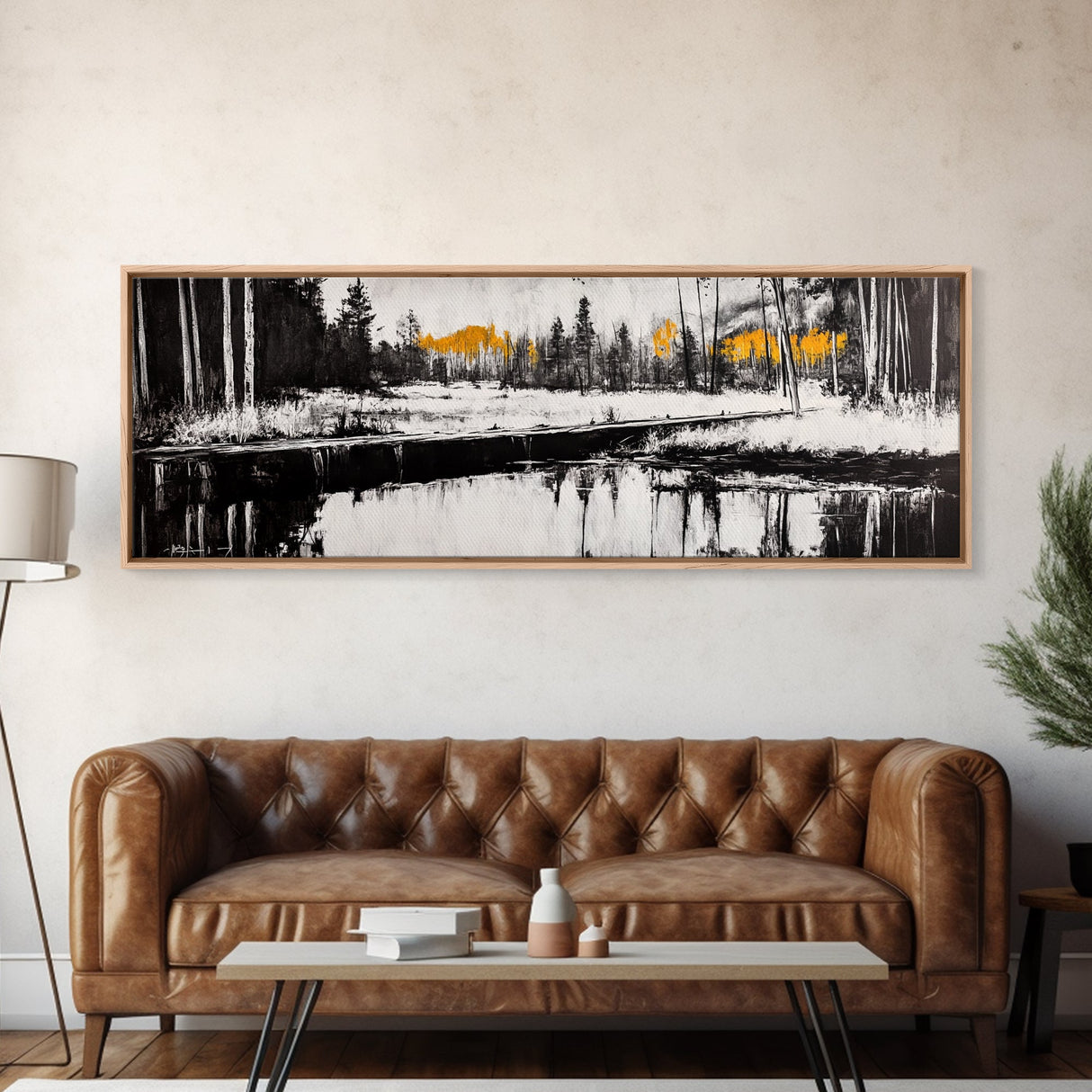 Forest Reflection, Wooden Bridge, Still Water, Black and White, Framed Canvas Print, Minimalist Wall Art, Living Room Art, Nature Decor