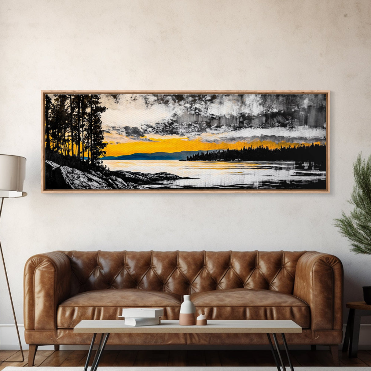 Sunset Reflection, Golden Lake, Nature Art, Framed Canvas Print, Modern Landscape, Large Wall Art, Living Room Decor, Rustic Style