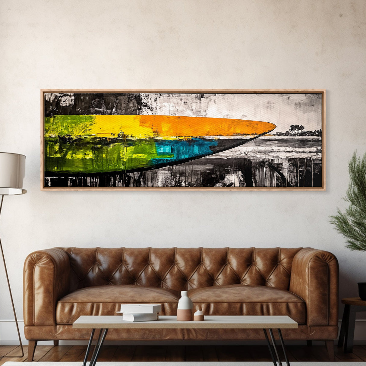 Abstract Surfboard, Bold Colors, Beach House Art, Framed Canvas Print, Tropical Wall Art, Coastal Decor, Boho Vibes, Surfing Gift