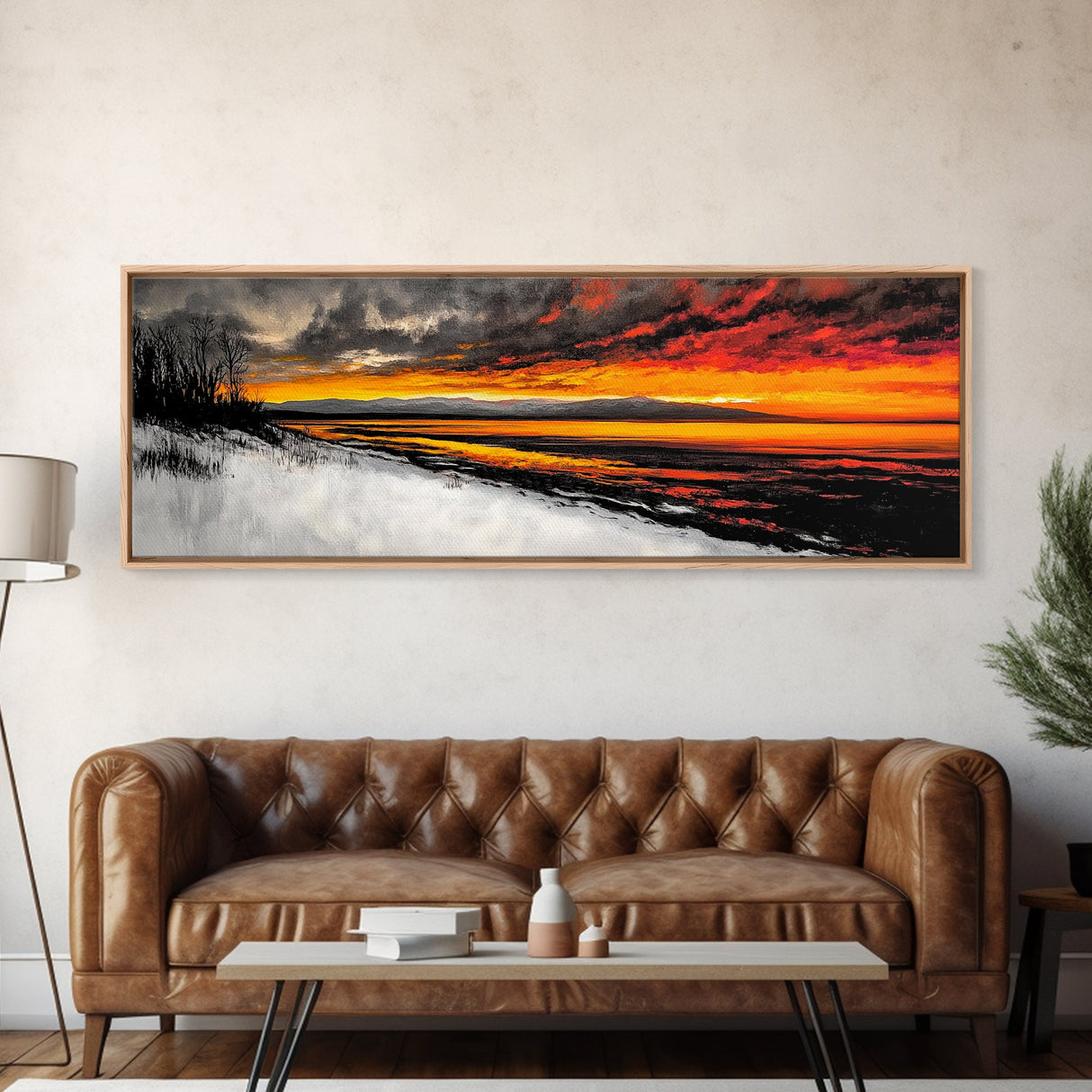 Snowy Shore, Golden Glow, Winter Sunset, Framed Canvas Print, Lake House Art, Dramatic Skies, Rustic Home Decor, Cabin Wall Art