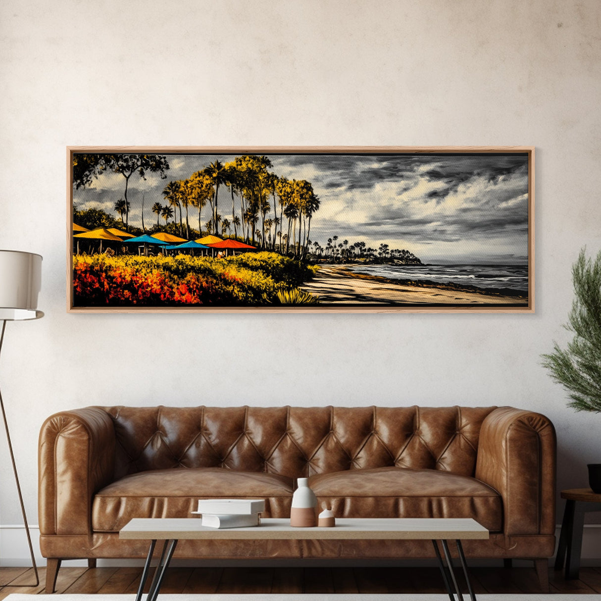 Tropical Beach, Palm Trees Art, Coastal Canvas Decor, Vibrant Ocean Art, Colorful Landscape, Living Room Wall Art, Framed Canvas Print