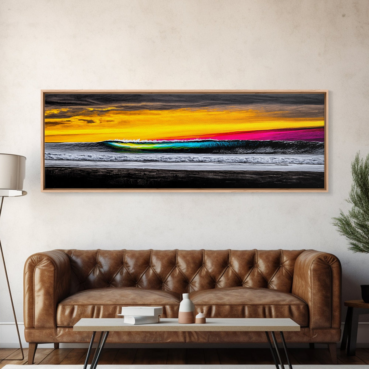 Ocean Wave, Sunset Beach Art, Vibrant Seascape, Coastal Decor, Surfer Gift, Blue and Yellow, Modern Wall Art, Canvas Print