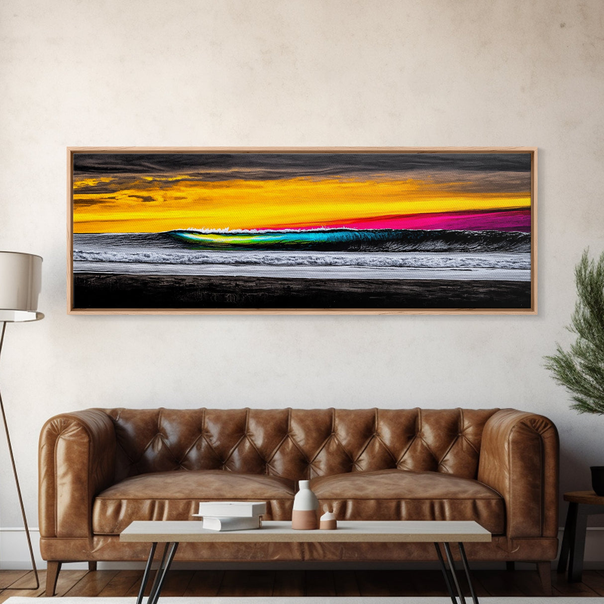 Ocean Wave, Sunset Beach Art, Vibrant Seascape, Coastal Decor, Surfer Gift, Blue and Yellow, Modern Wall Art, Canvas Print