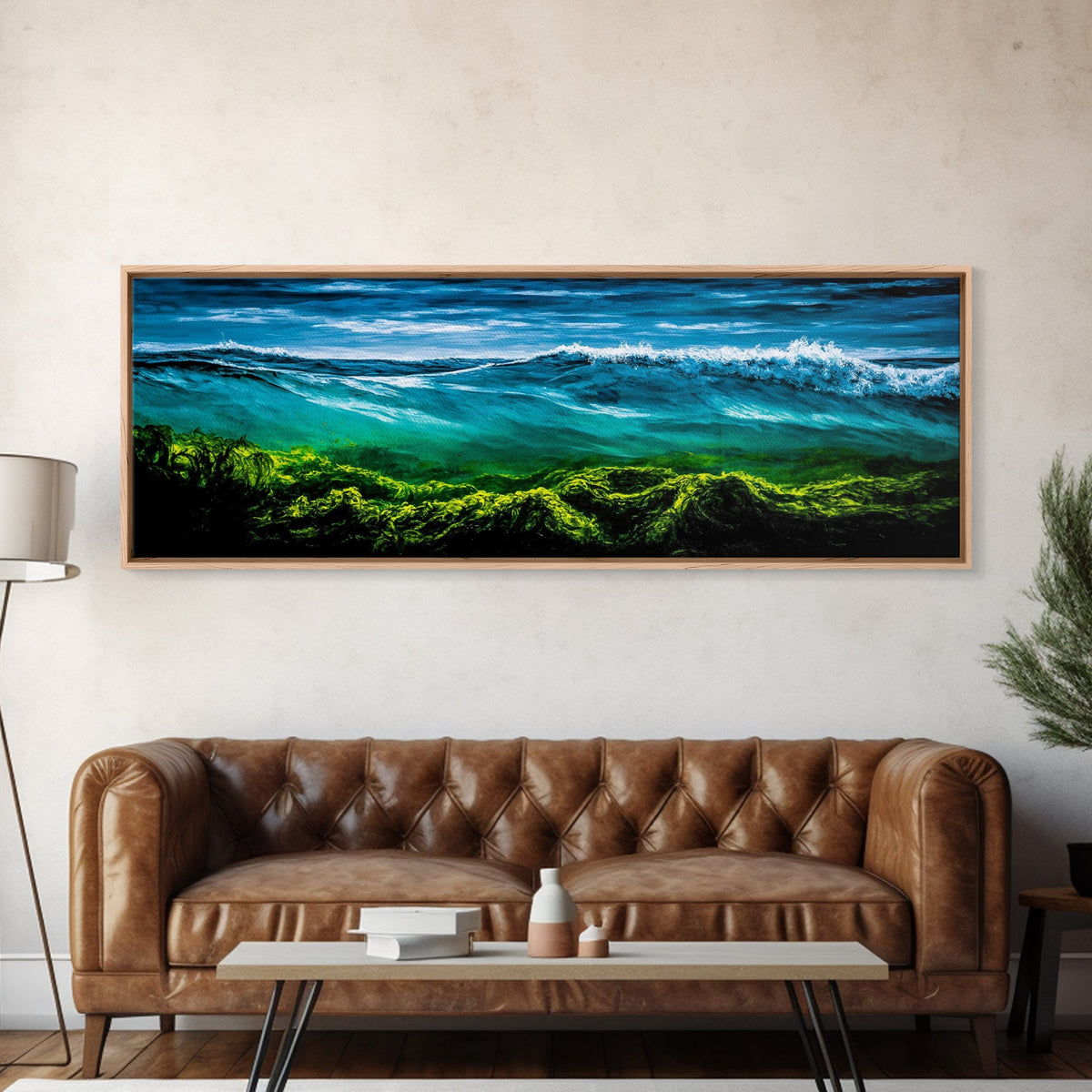 Ocean Wave, Deep Blue Seascape, Underwater Scene, Green and Blue, Coastal Home Decor, Tropical Wall Art, Framed Canvas Print