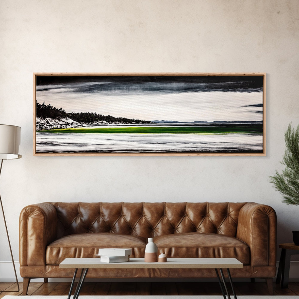 Serene Lake, Monochrome Water Art, Minimalist Nature, Dramatic Sky, Green Accent, Modern Home Wall Decor, Framed Canvas Print