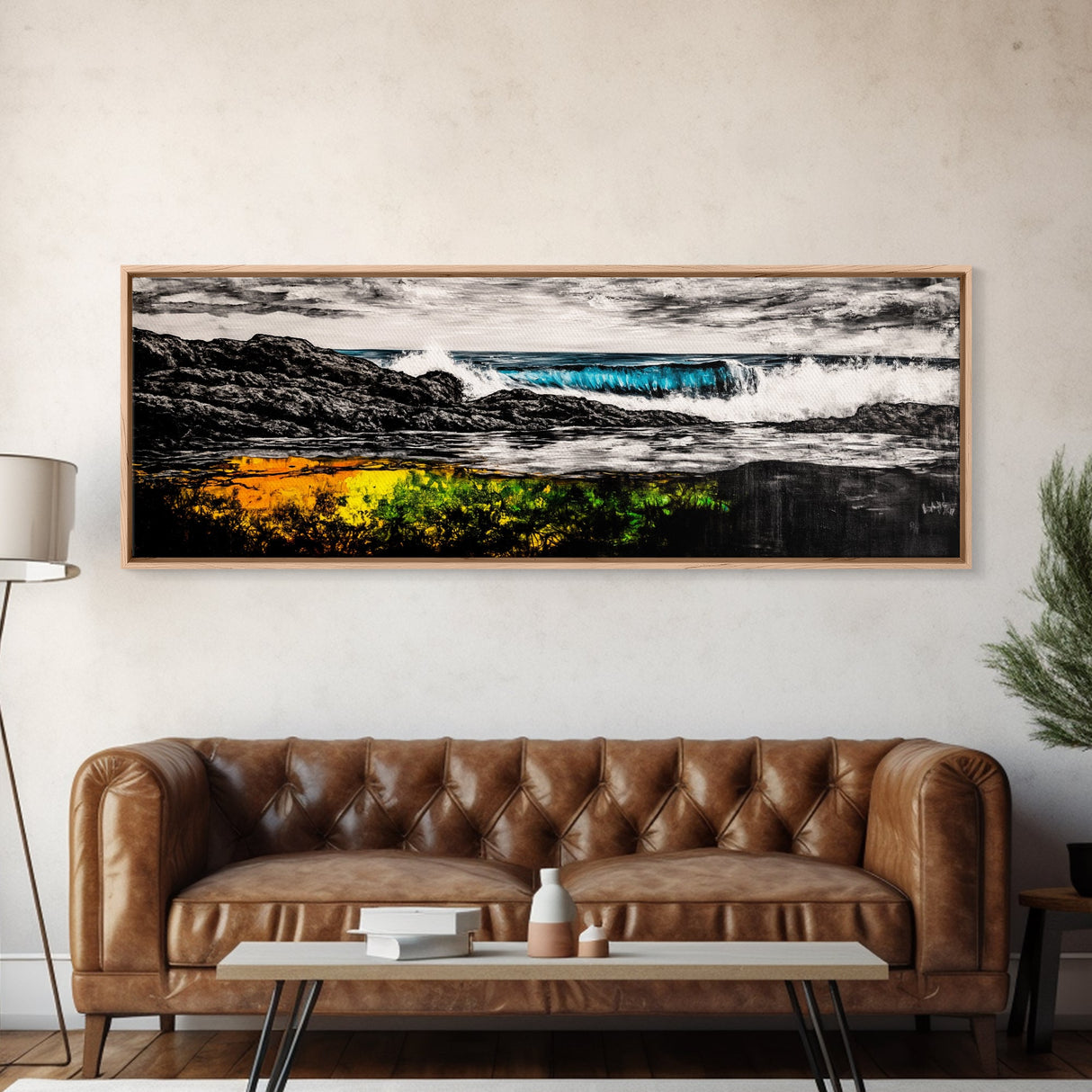 Rocky Shore, Crashing Waves, Black White Blue, Framed Canvas Print, Ocean Wave Painting, Surf Art, Minimalist Coastal Decor