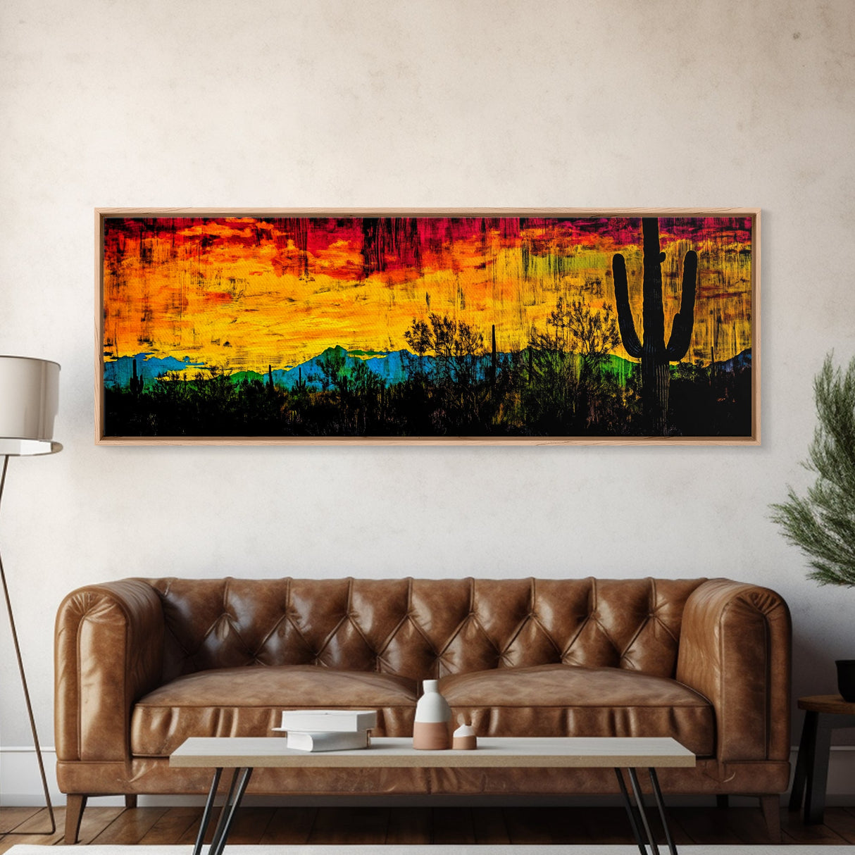 Desert Sunset, Cactus Painting, Southwest Landscape, Framed Canvas Print, Vibrant Wall Art, Arizona Art, Boho Decor, Warm Color Palette