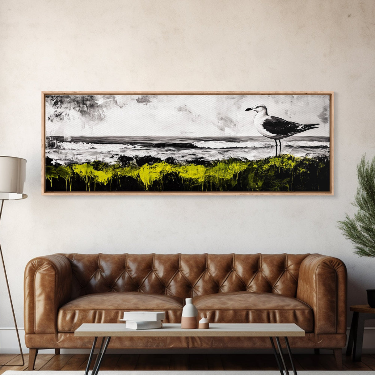 Seagull Perch, Ocean Shore, Moody Sky, Framed Canvas Print, Coastal Wall Art, Beach House Decor, Nautical Artwork, Nature Inspired