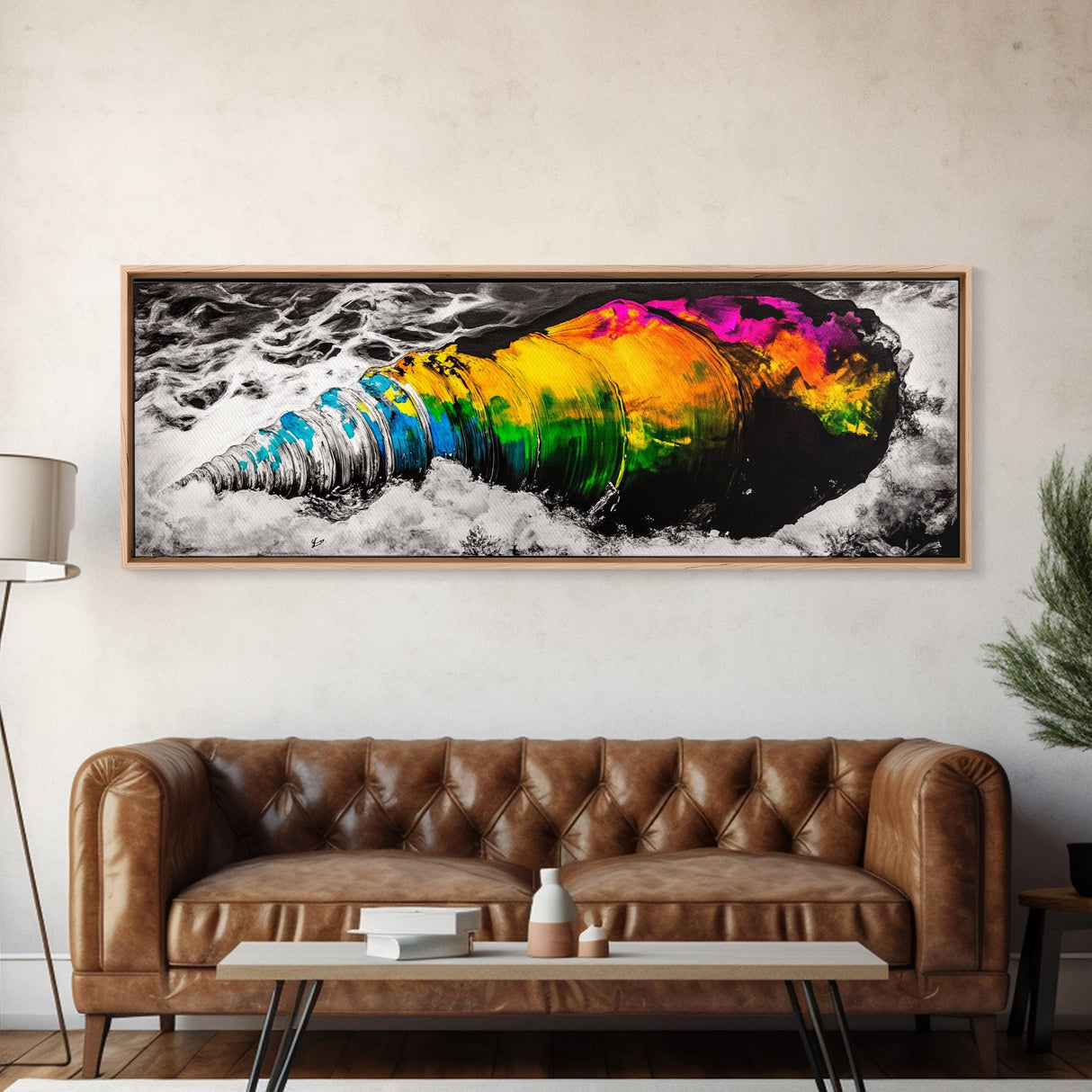 Vibrant Shell, Ocean Waves, Abstract Nautical, Canvas Print, Coastal Wall Decor, Colorful Beach Art, Living Room Accent, Unique Gift