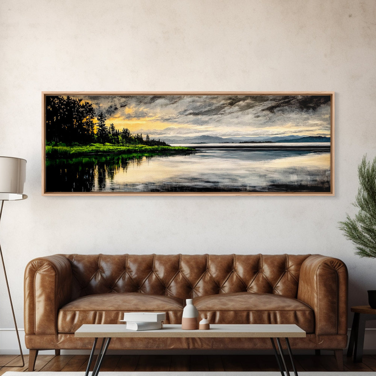 Lake Sunset Art, Landscape Painting, Nature Wall Decor, Tranquil Water Reflection, Rustic Home Art, Living Room Wall Art, Framed Canvas Print