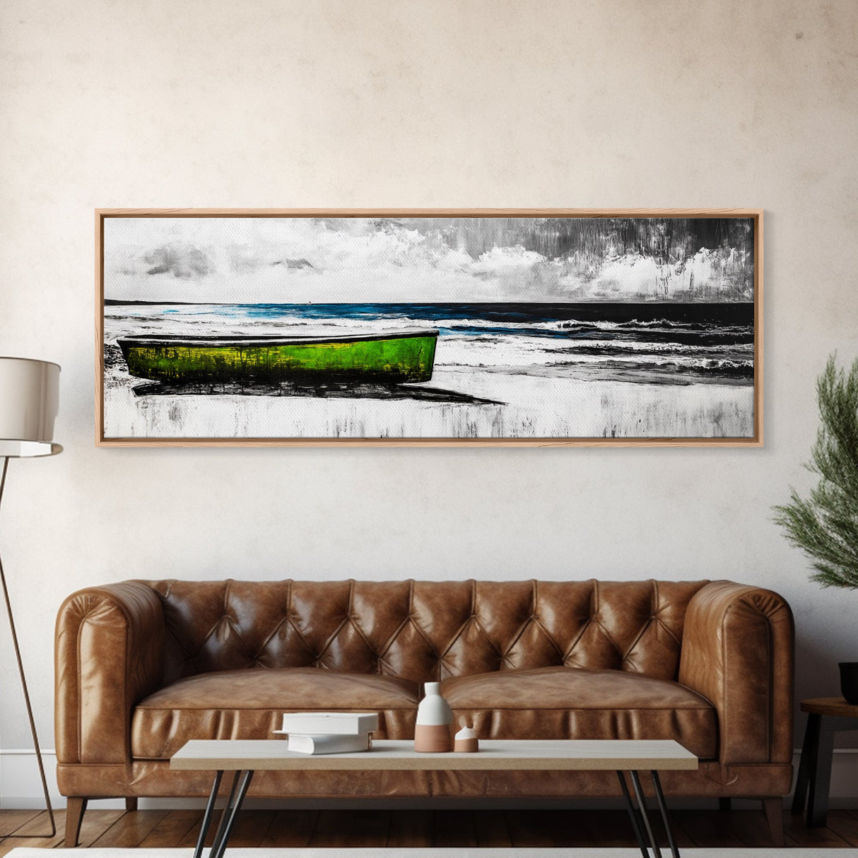 Seaside Boat, Coastal Art, Minimalist Nautical, Framed Canvas Print, Black and White Beach Art, Ocean Scene, Modern Seascape, Contemporary Decor