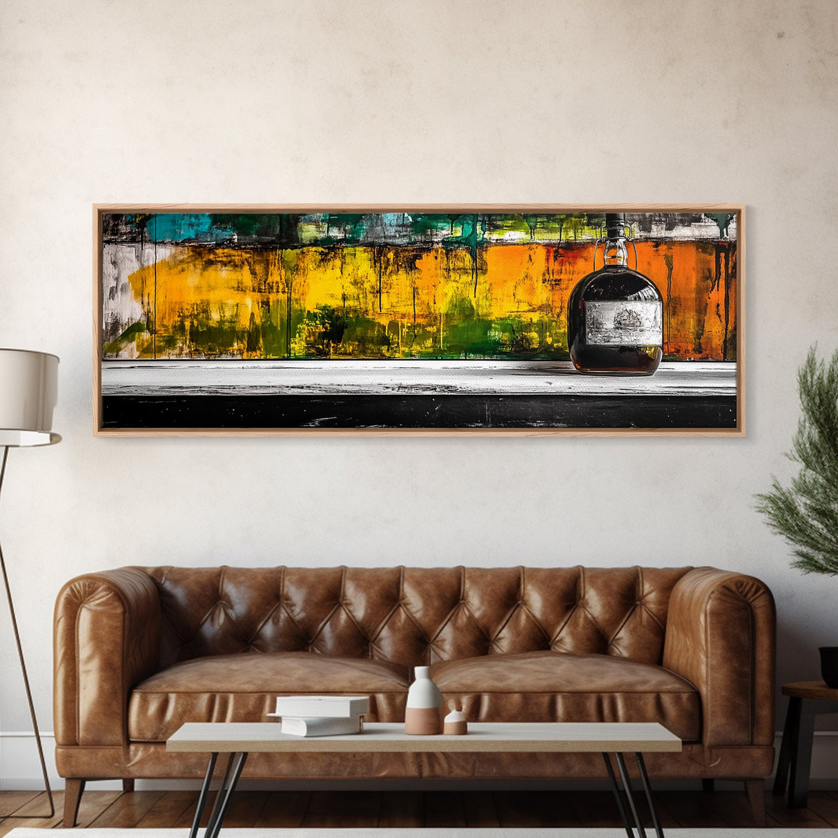 Whiskey Bottle, Abstract Bar Art, Rustic Decor, Framed Canvas Print, Liquor Wall Art, Modern Kitchen Art, Fall Wall Art