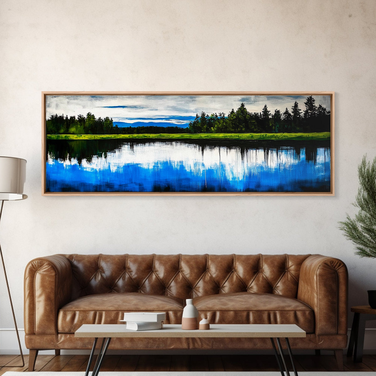 Lake Reflection, Blue Sky, Green Landscape, Framed Canvas Print, Large Wall Art, Nature Painting, Office Decor, Living Room Wall Art