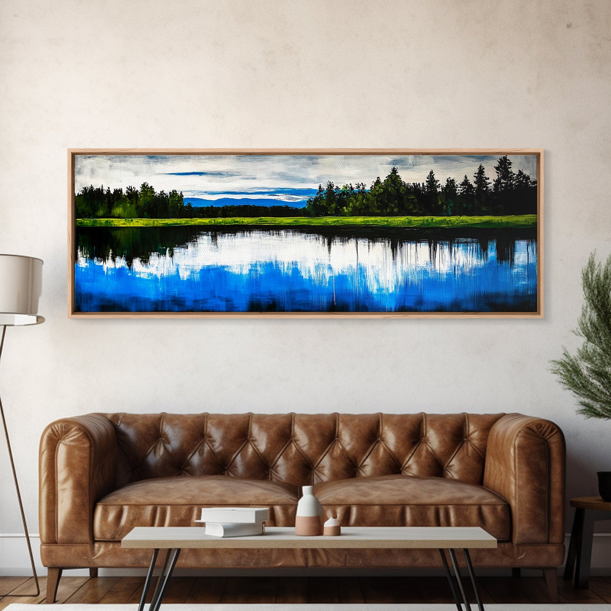 Lake Reflection, Blue Sky, Green Landscape, Framed Canvas Print, Large Wall Art, Nature Painting, Office Decor, Living Room Wall Art