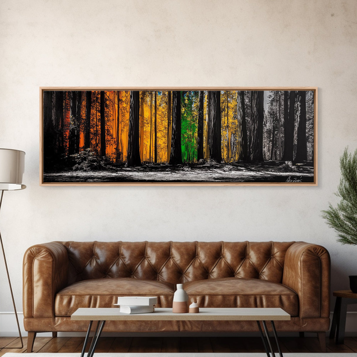 Golden Forest, Tall Trees, Canvas Print, Fall Wall Art, Nature Home Decor, Minimalist Forest Painting, Modern Living Room Artwork