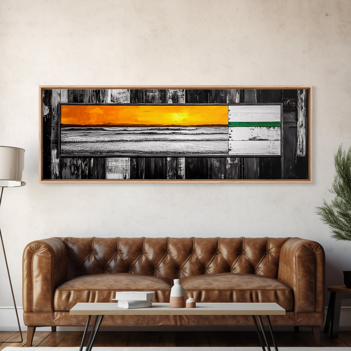 Modern Sunset Art, Abstract Ocean Painting, Rustic Wood Print, Warm Color Wall Decor, Coastal Landscape Canvas Print, Framed Canvas Print