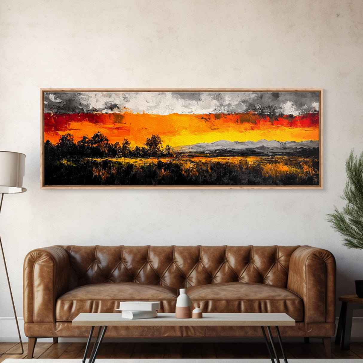 Fiery Sunset Painting, Autumn Sky Artwork, Warm Nature Landscape, Bold Fall Wall Decor, Rustic Cabin Art, Framed Canvas Print