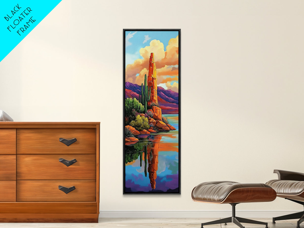 Desert Cactus, Reflection Art, Framed Canvas Print, bold southwest landscape, cacti and red rock lake scene, rustic style living room wall art