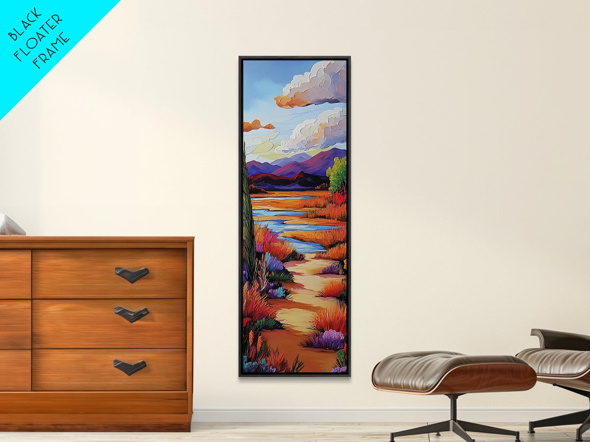 Path Mountains, Autumn Meadow, Vibrant Fall trail scene Framed Canvas Print, rustic seasonal wall art, living room nature decor