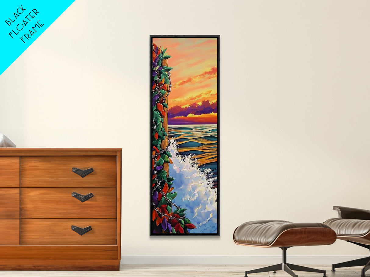 Sunset Waves, Colorful Leaves, Beach Serenity, Framed Canvas Print, vibrant ocean wall decor, boho coastal living room art