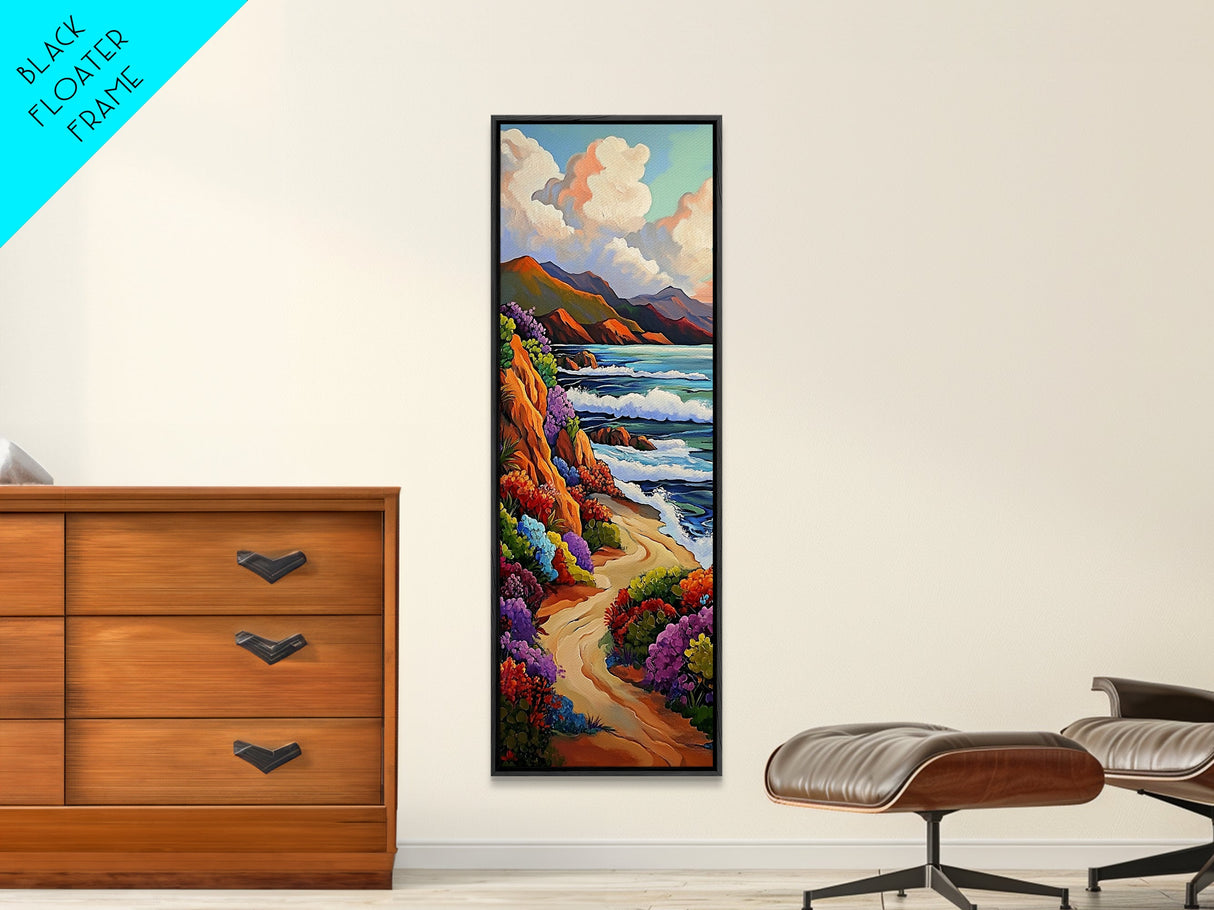 Ocean Cliffside, Wildflowers Path, Canvas Print colorful coastal path painting, vibrant nature landscape, modern beach art, kitchen wall decor