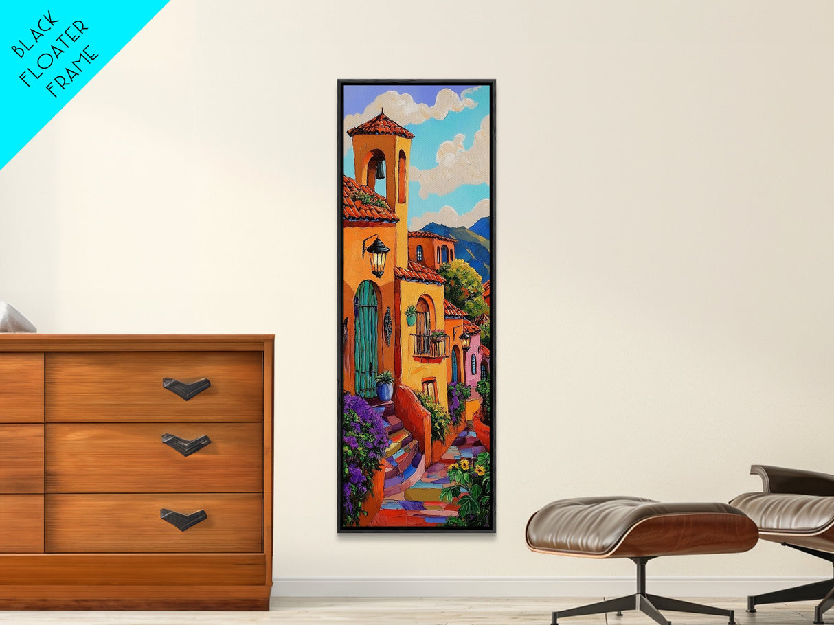 Village Steps, Warm Colors, Terracotta Homes, Canvas Print, vibrant street view painting, boho rustic style, hallway or kitchen wall art