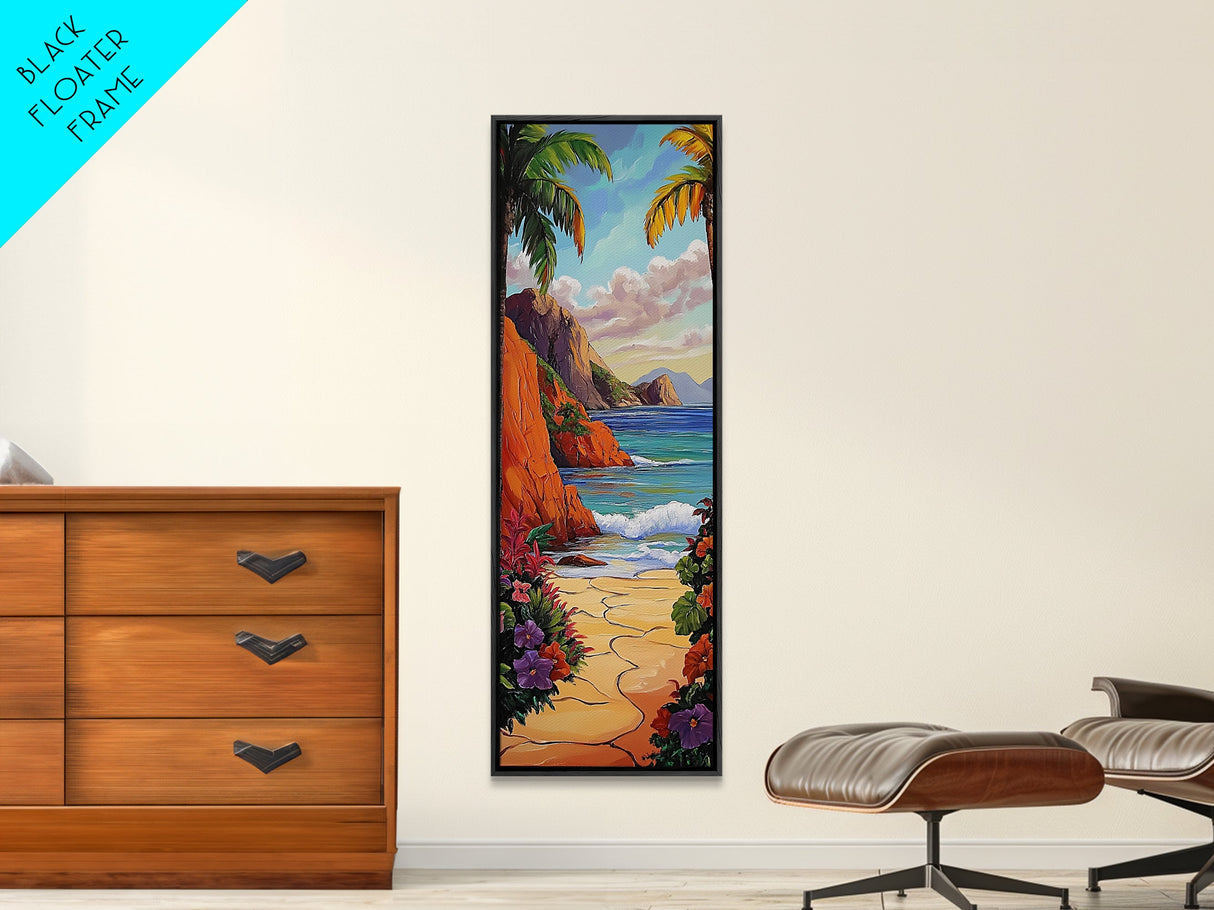 Tropical, Ocean, Pathway, Paradise - Framed Canvas Print, Coastal Landscape Wall Art, Living Room Tropical Decor, Boho Summer Beach Art