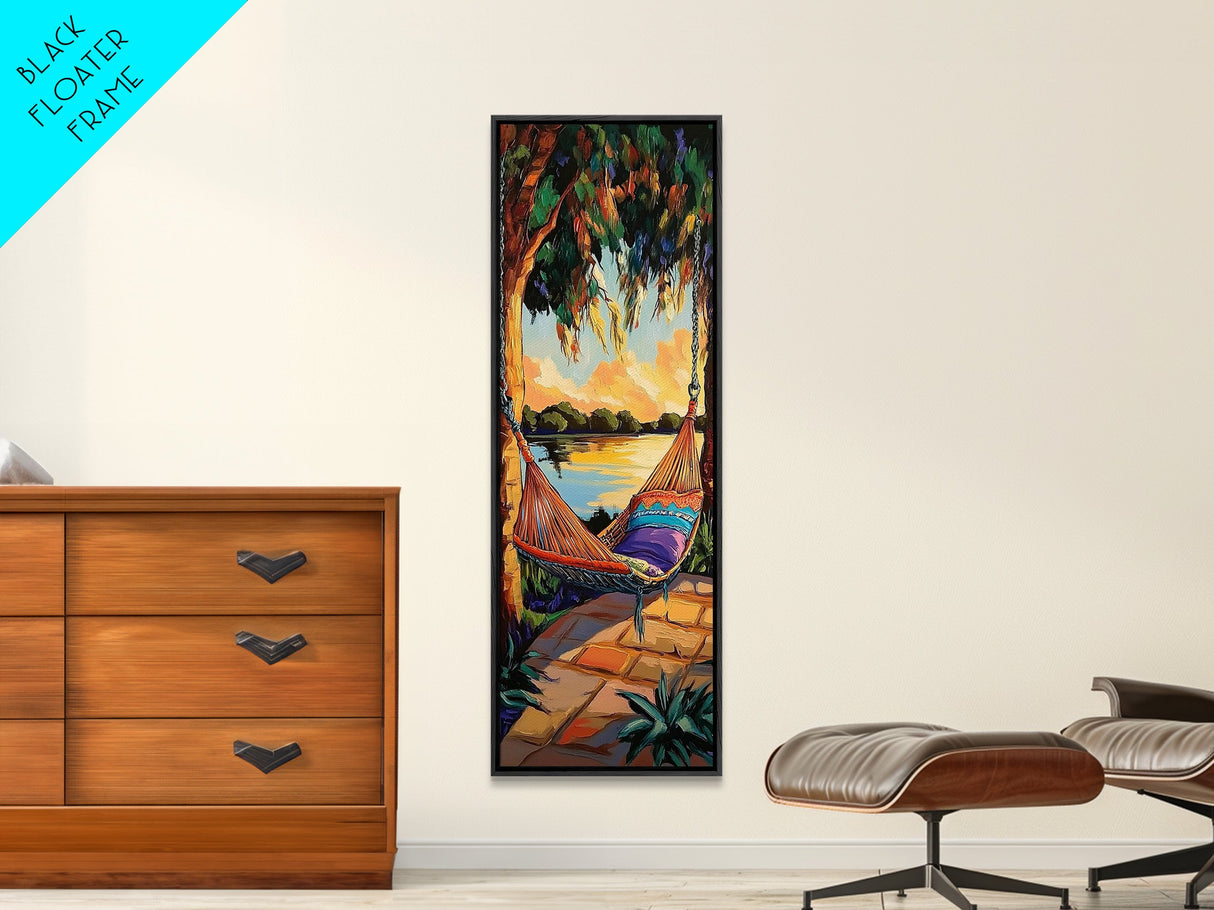 Hammock, Sunset, Relaxation, Trees, Framed Canvas Print, Boho Patio Wall Decor, Summer Vibes, Chill Outdoor Art, Serene Living Room Accent
