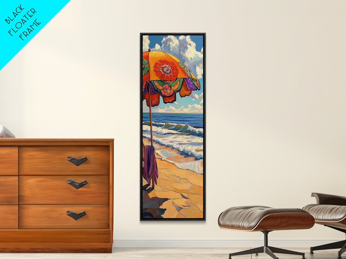 Beach, Umbrella, Waves, Retro Summer Vibes Coastal Framed Canvas Print, Colorful Ocean Wall Art, Beach House Decor, Living Room Art