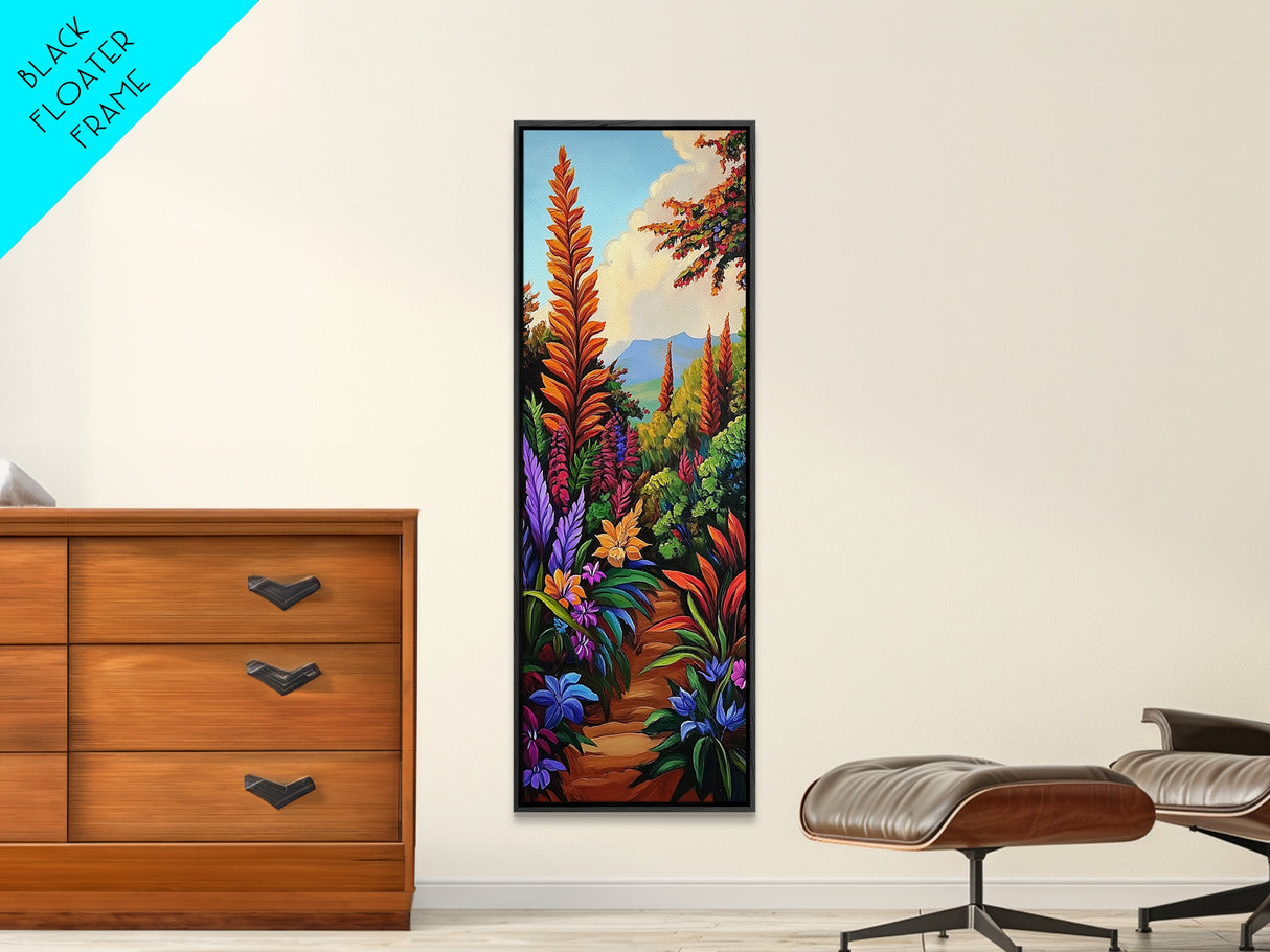 Jungle, Pathway, Tropical, Florals, Framed Canvas Print vibrant rainforest trail painting boho nature themed hallway or office wall art