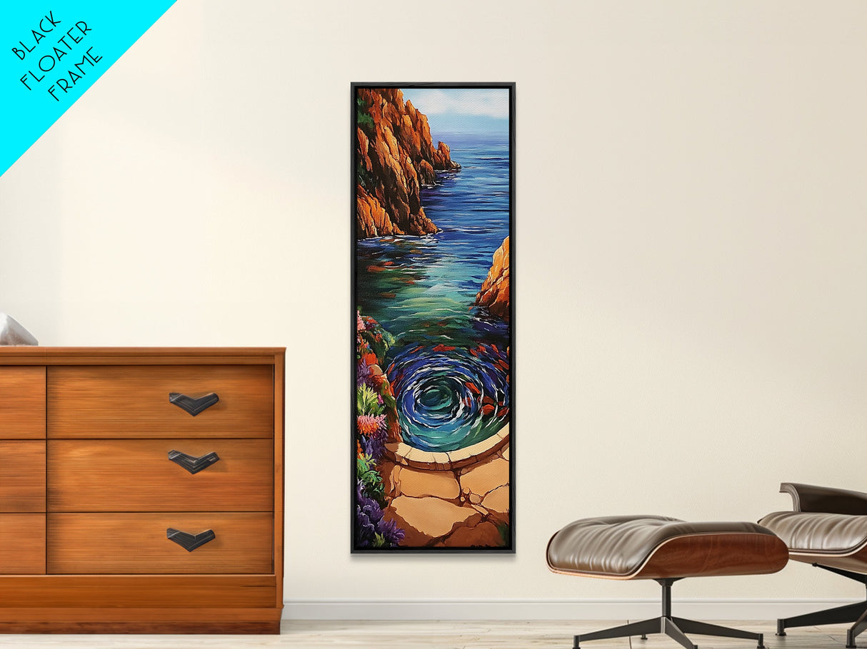 Ocean, Vortex, Cliffside, Landscape, Framed Canvas Print with ocean whirlpool, mystical seascape, fantasy art, coastal bathroom wall art