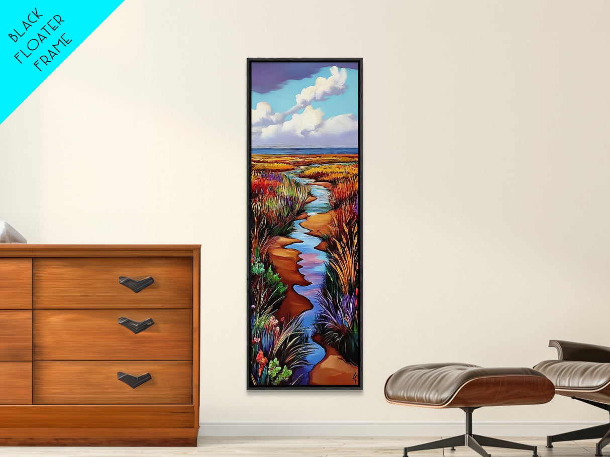 Wildflower, Marsh, Coastal, Path, Framed Canvas Print with golden autumn grasses, colorful marshland, farmhouse entryway wall decor