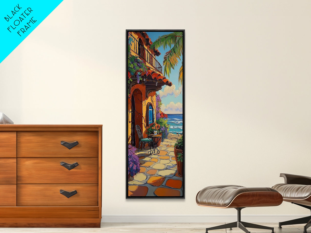 Patio, Ocean, Palm Trees, Tropical Coastal Balcony Framed Canvas Print, Boho Beach House Art, Outdoor Dining Wall Decor, Summer Vibes