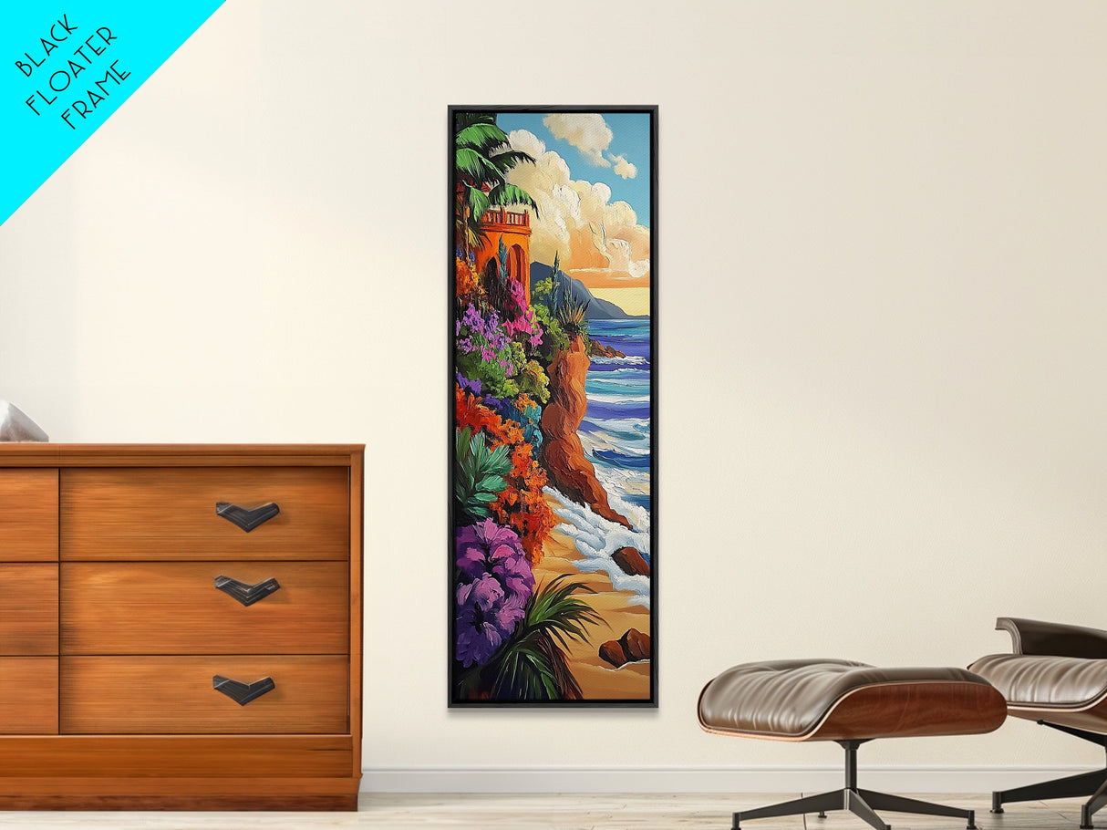 Ocean, Flowers, Cliff, Sunset, Framed Canvas Print, Vibrant Coastal Landscape, Dining Room Wall Art, Colorful Beachside Decor