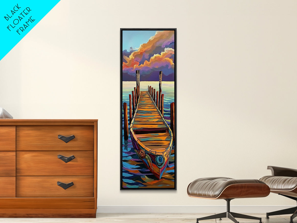 Boat, Dock, Sunset, Water, Canvas Print, Serene Nautical Wall Art, Lakehouse Decor, Minimalist Ocean Landscape, Peaceful Seascape