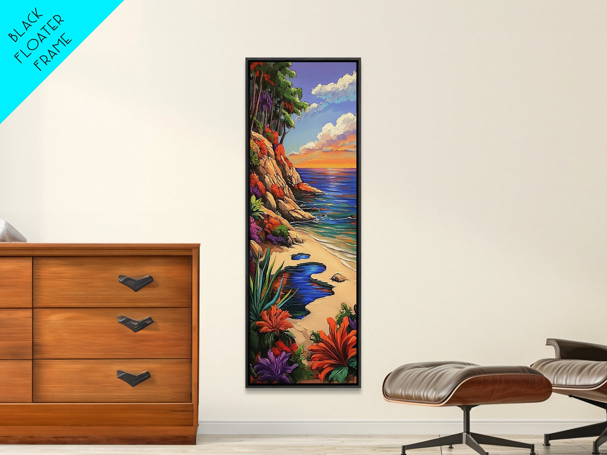 Secluded Beach, Tropical Cliffs, Colorful Coastal Nature Art, Summer Getaway Style, Ocean View Decor, Framed Canvas Print