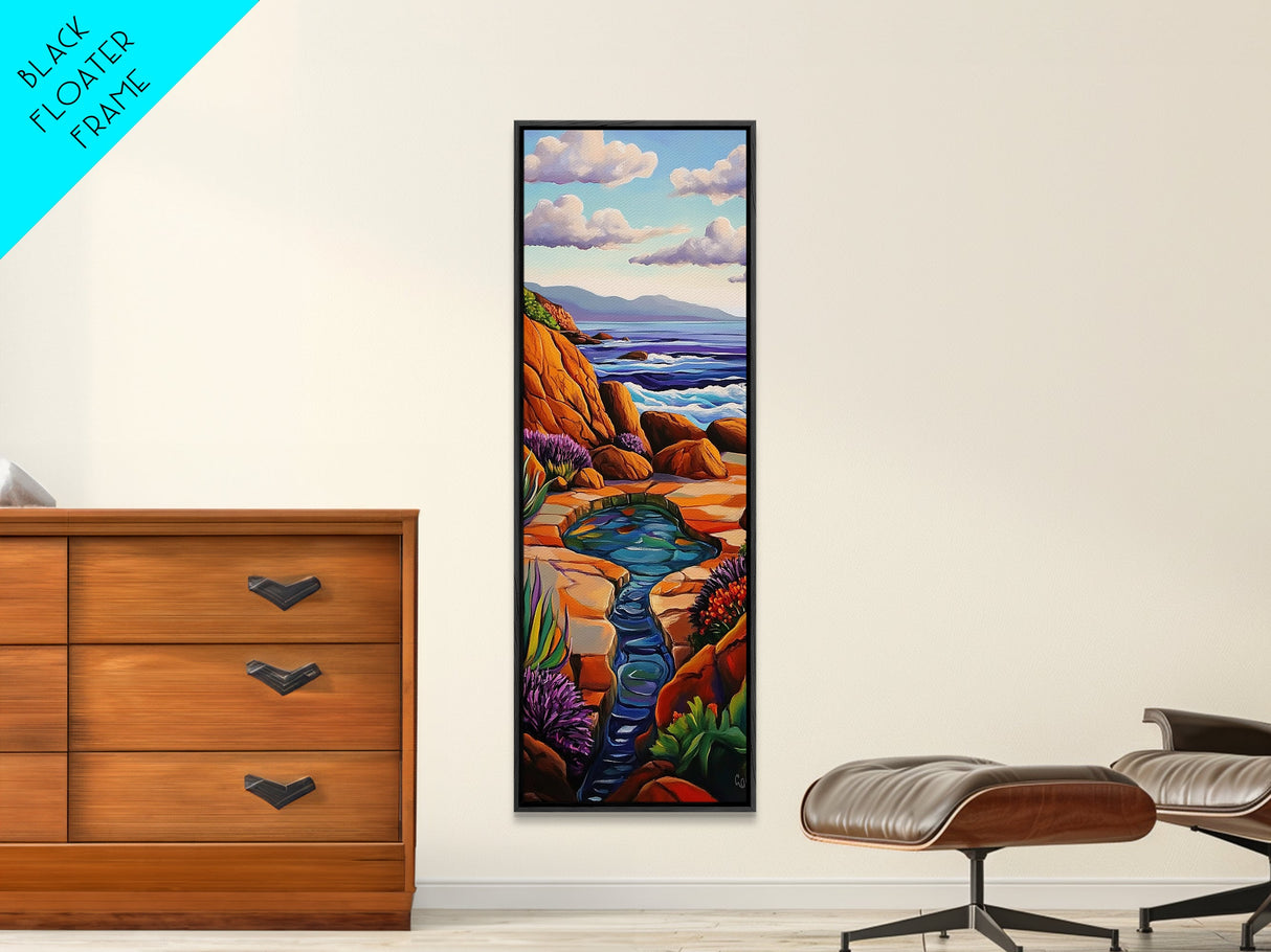 Waves Rocks, Ocean, Pastel, Framed Canvas Print, Crashing wave pastel seascape painting, calming ocean wall decor, coastal home design