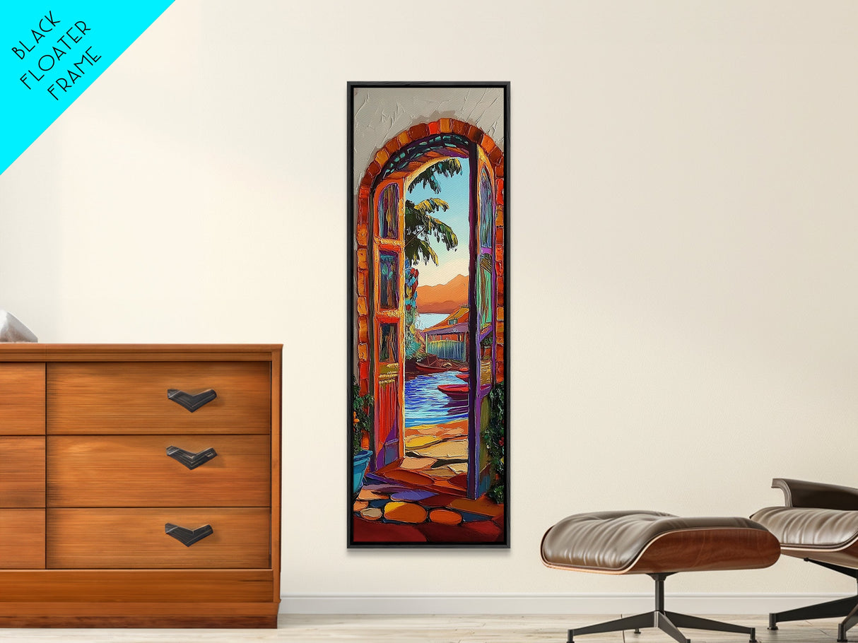 Open Doorway, Water, Boats — Canvas Print of seaside view through open door, perfect Coastal Bathroom Wall Art or Tropical Living Room Decor