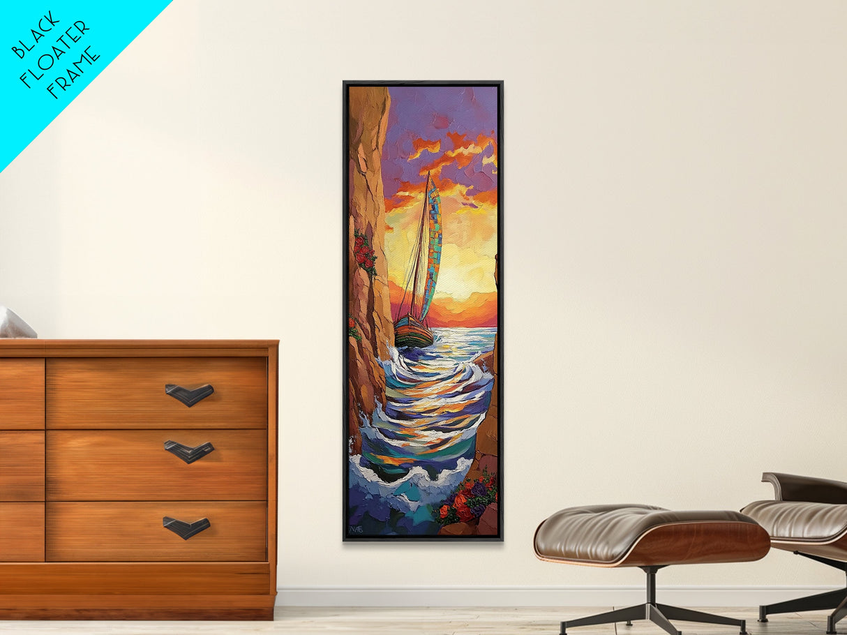 Sailboat Sunset, Cliff, Canvas Print, Vibrant Nautical Wall Art, Boho Coastal Decor, Adventure Beach House Living Room Statement