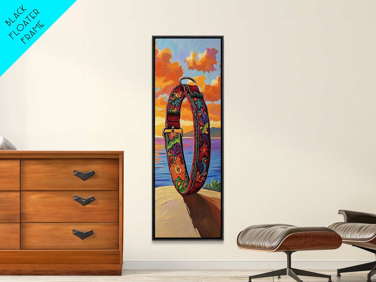 Dog Collar, Sunset, Framed Canvas Print, Colorful dog collar painting at beach sunset, pet lover gift, eclectic decor, mudroom wall art