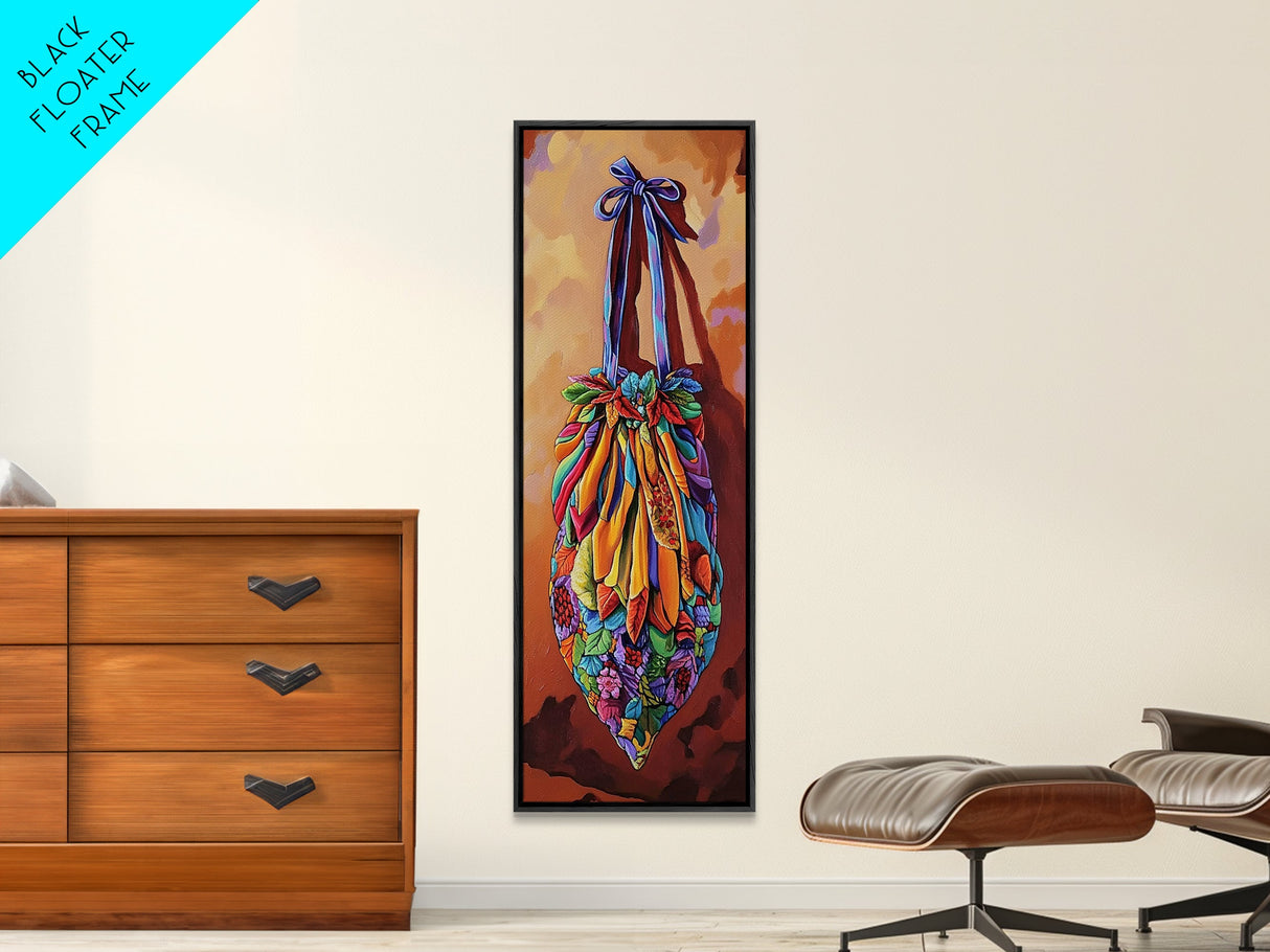 Bag Ribbon, Textiles, Fiesta - Framed Canvas Print boho textile wall art, vibrant folk art style, colorful entryway decor, Fall home accent