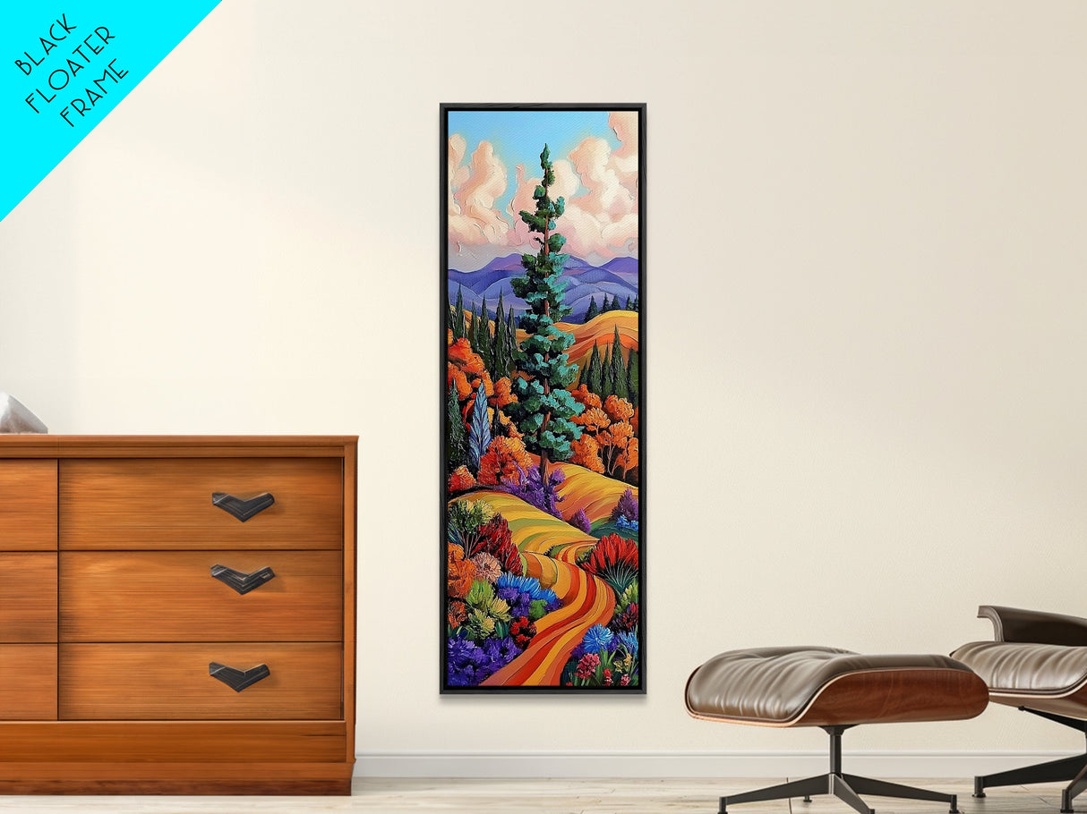 Autumn Pathway, Fields Vibrant — Framed Canvas Print, fall landscape painting, rustic farmhouse decor, countryside path wall art, living room