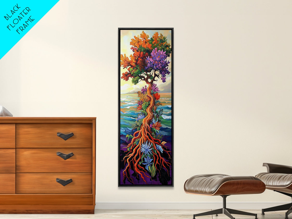 Tree of Life, Vibrant Roots, Abstract Nature Scene, Framed Canvas Print, Bohemian Home Art, Whimsical Bedroom Decor, Colorful Spiritual Art