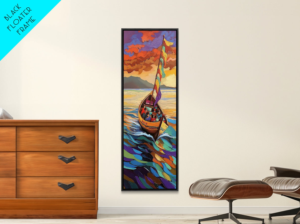 Colorful Boat, Sunset Sea, Vibrant Ocean Scene, Framed Canvas Print, Coastal Wall Decor, Eclectic Living Room Art, Nautical Wall Art