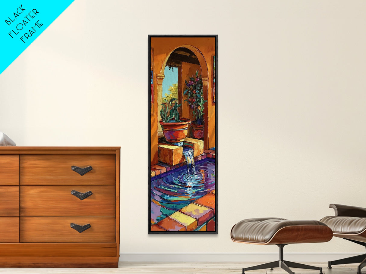 Courtyard Fountain, Terracotta Colors, Spanish Style Decor, Framed Canvas Print, Rustic Kitchen Wall Art, Mediterranean Patio Scene