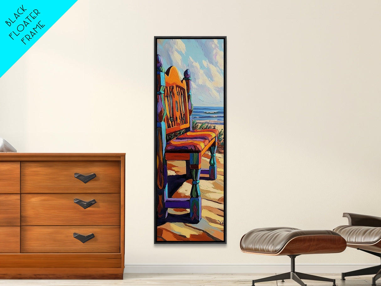 Ocean Chair, Beach View, Coastal Outdoor Scene, Framed Canvas Print, Seaside Patio Art, Tropical Boho Decor, Relaxing Vacation Vibes