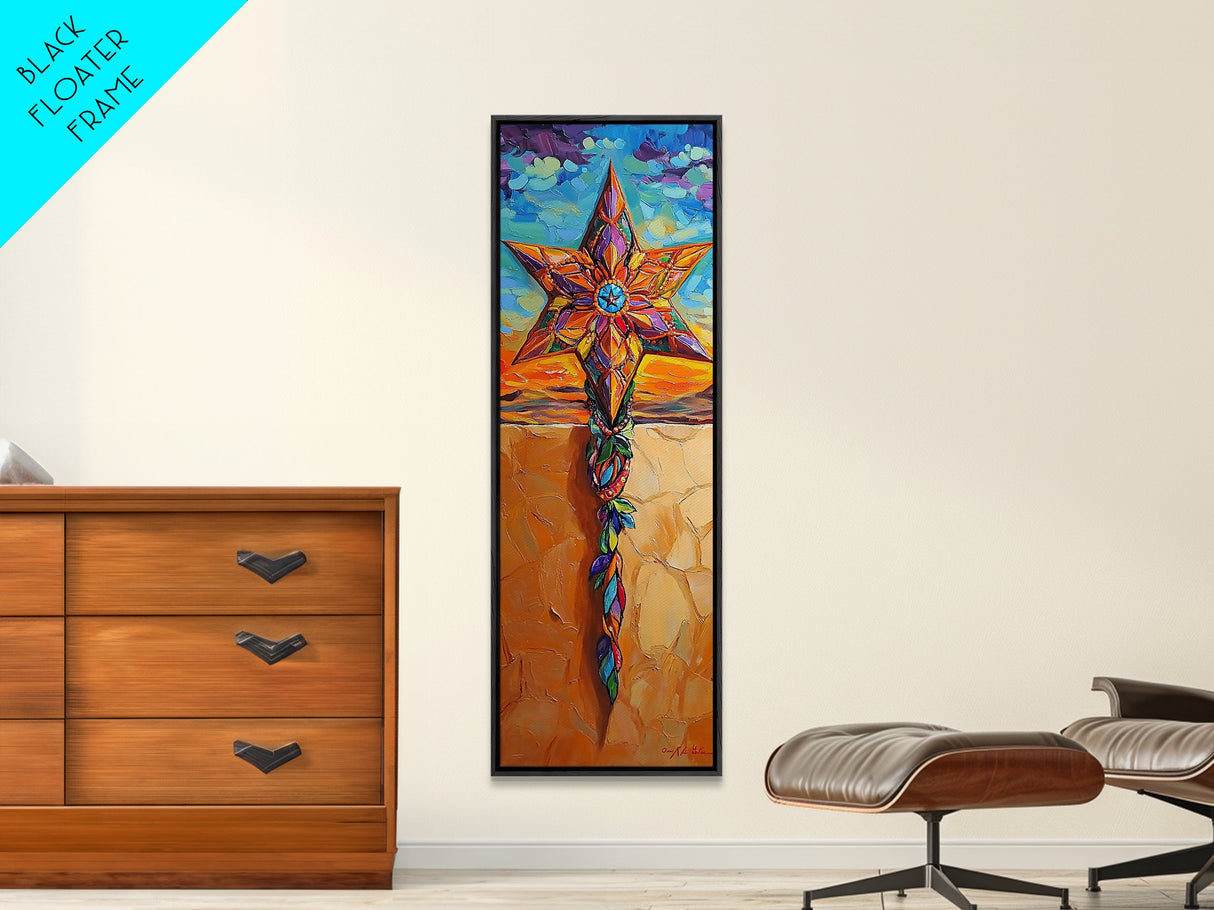 Star Cross, Colorful Sky, Spiritual Folk Symbol, Framed Canvas Print, Southwestern Wall Art, Vibrant Entryway Decor, Festive Religious Art